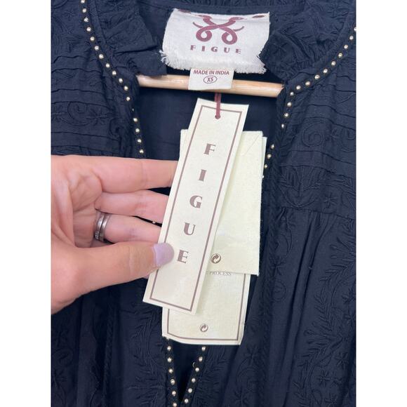 NWT Figue Rayne Long Sleeve Ruffle Black Embroidered Cotton Dress Size: XS - Picture 5 of 8